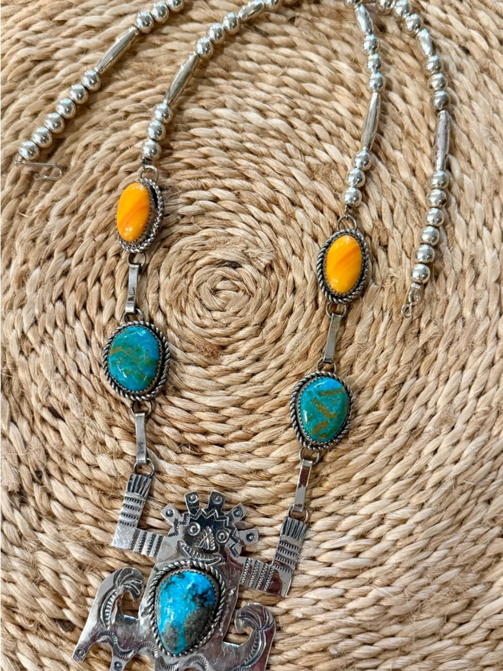 Vintage Navajo Genuine Turquoise/Naja Pendant Necklace, Artist Stamped